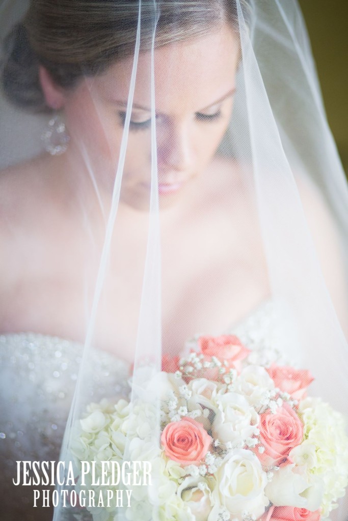 Gorgeous Bridal Portrait with Coral flowers and Hydrangeas | Houston Wedding Photographer