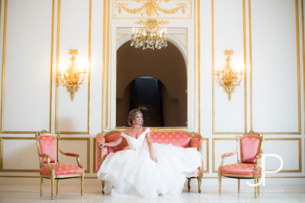 Bride on Couch at Chateau Cocomar