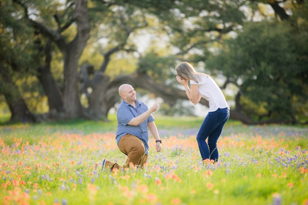 Aaron & Brooke Engagement Proposal Photos outside of Houston in wildflowers, bluebonnets, and Indian Paintbrushes - Jessica Pledger Photography