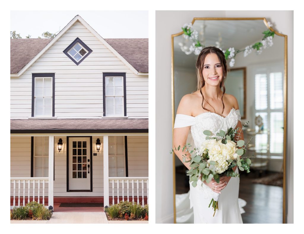 Elegant bridal portrait in front of reception entrance at La Maison Blanc