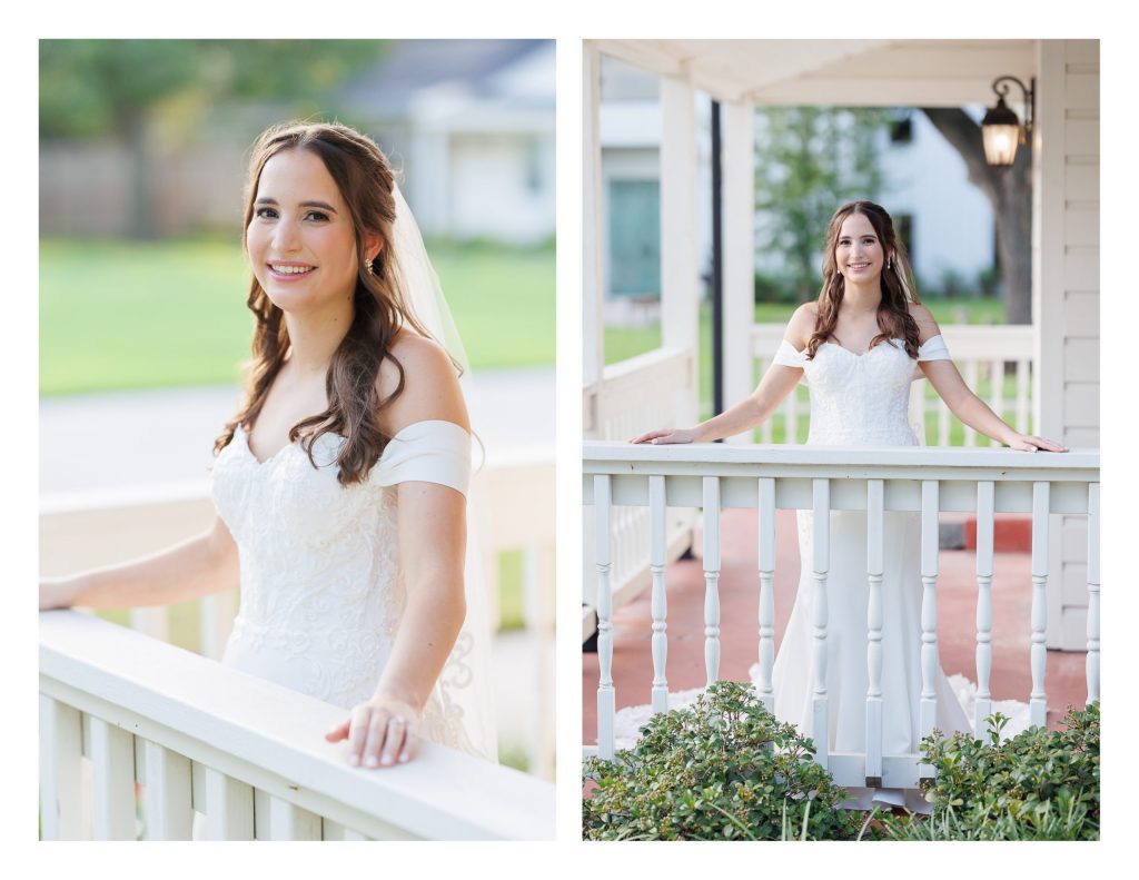 Elegant bridal portrait in front of reception entrance at La Maison Blanc