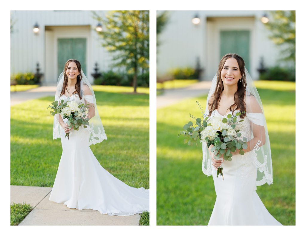 Elegant bridal portrait in front of reception entrance at La Maison Blanc