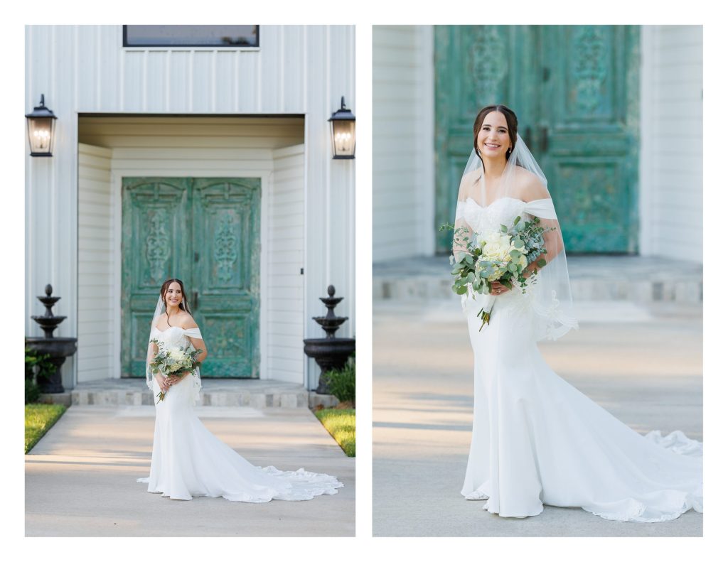 Elegant bridal portrait in front of reception entrance at La Maison Blanc