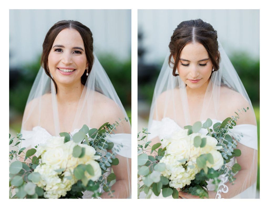 Elegant bridal portrait in front of reception entrance at La Maison Blanc