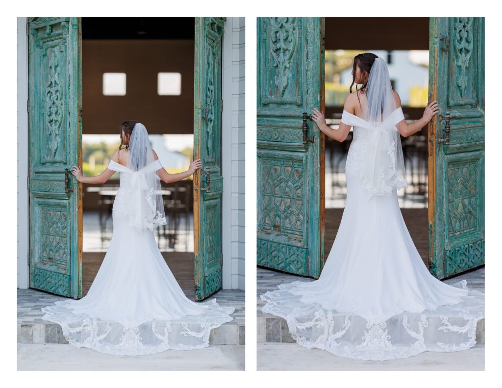 Elegant bridal portrait in front of reception entrance at La Maison Blanc