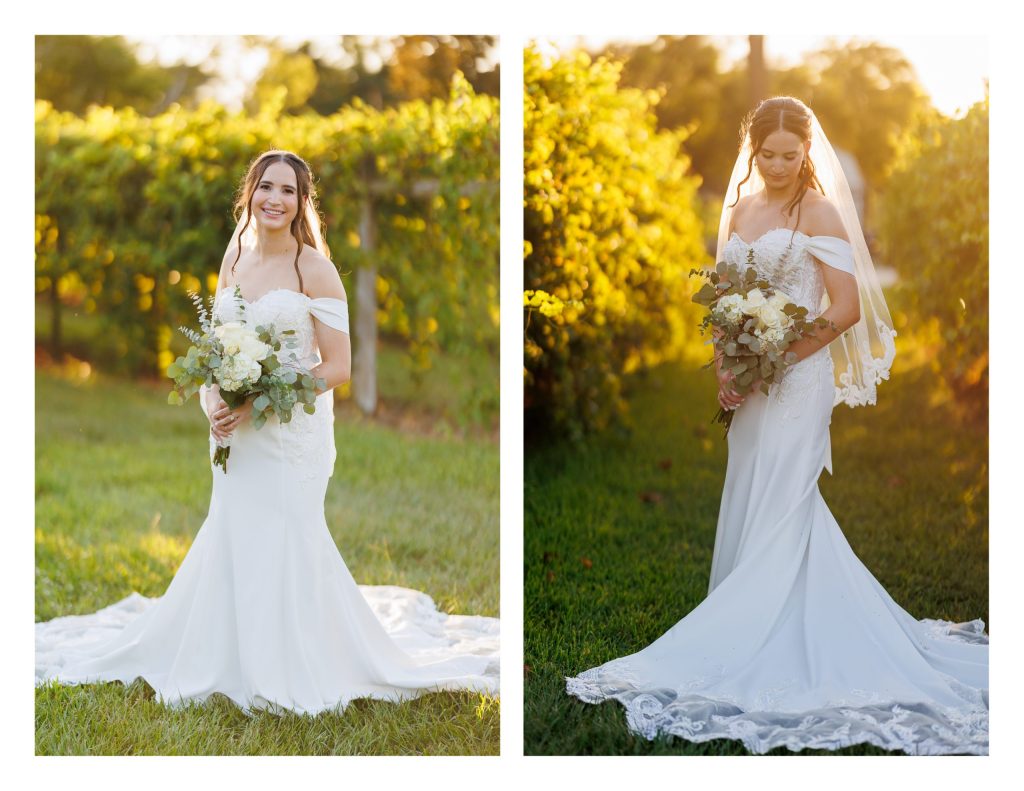 Elegant bridal portrait in front of reception entrance at La Maison Blanc