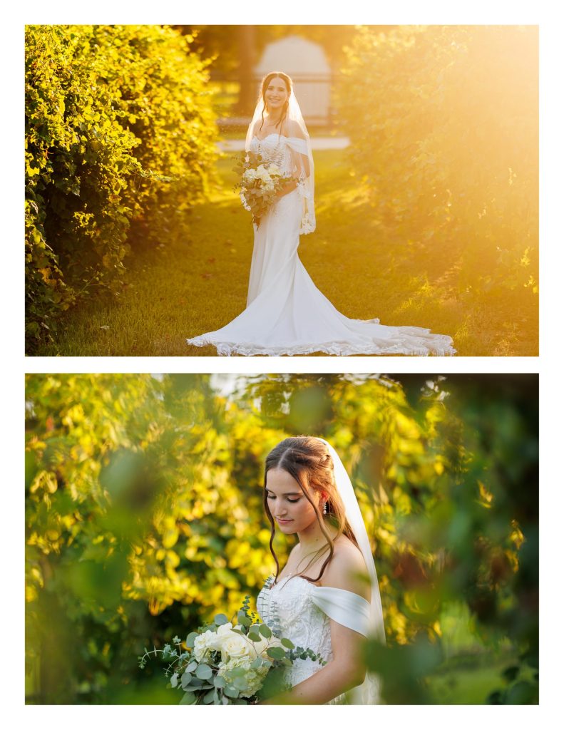Elegant bridal portrait in front of reception entrance at La Maison Blanc